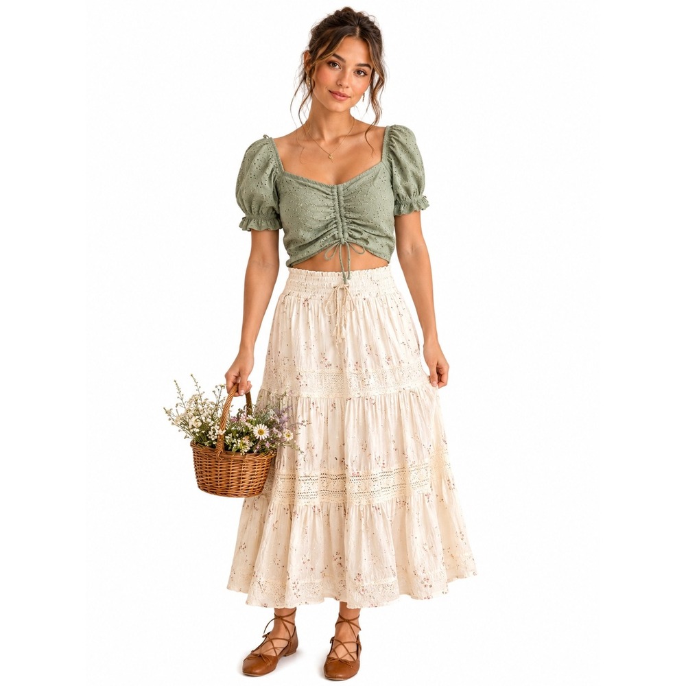 Sonoma Cinch Front Eyelet Crop Top Puff Sleeve Sage Green Cottagecore Jr XXL NEW